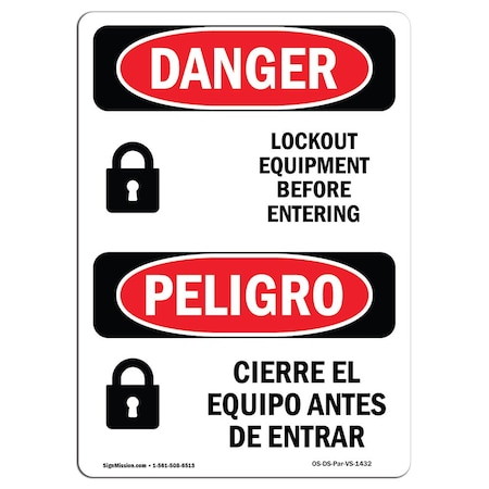 OSHA Danger, Lockout Equipment Before Entering Bilingual, 5in X 3.5in Decal